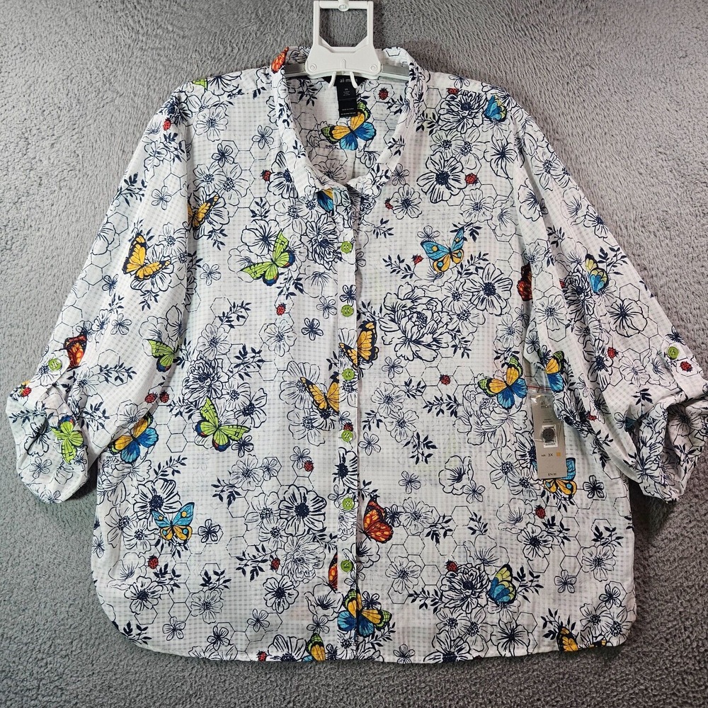 $74 NWT Ali Miles 3X Tunic Shirt Top Women Butterfly‎ Bettle Garden White Blue